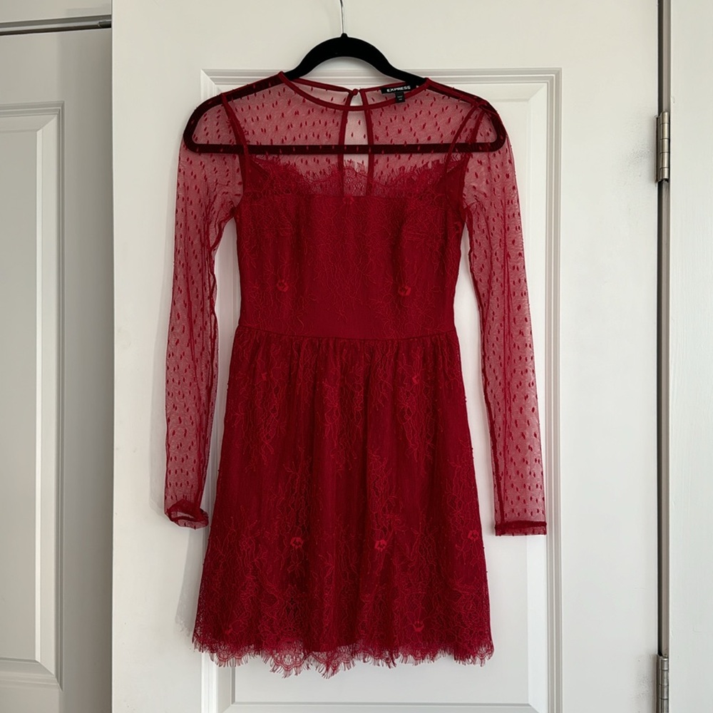 Express Red Lace Mini Dress Long Sleeve - Size 00